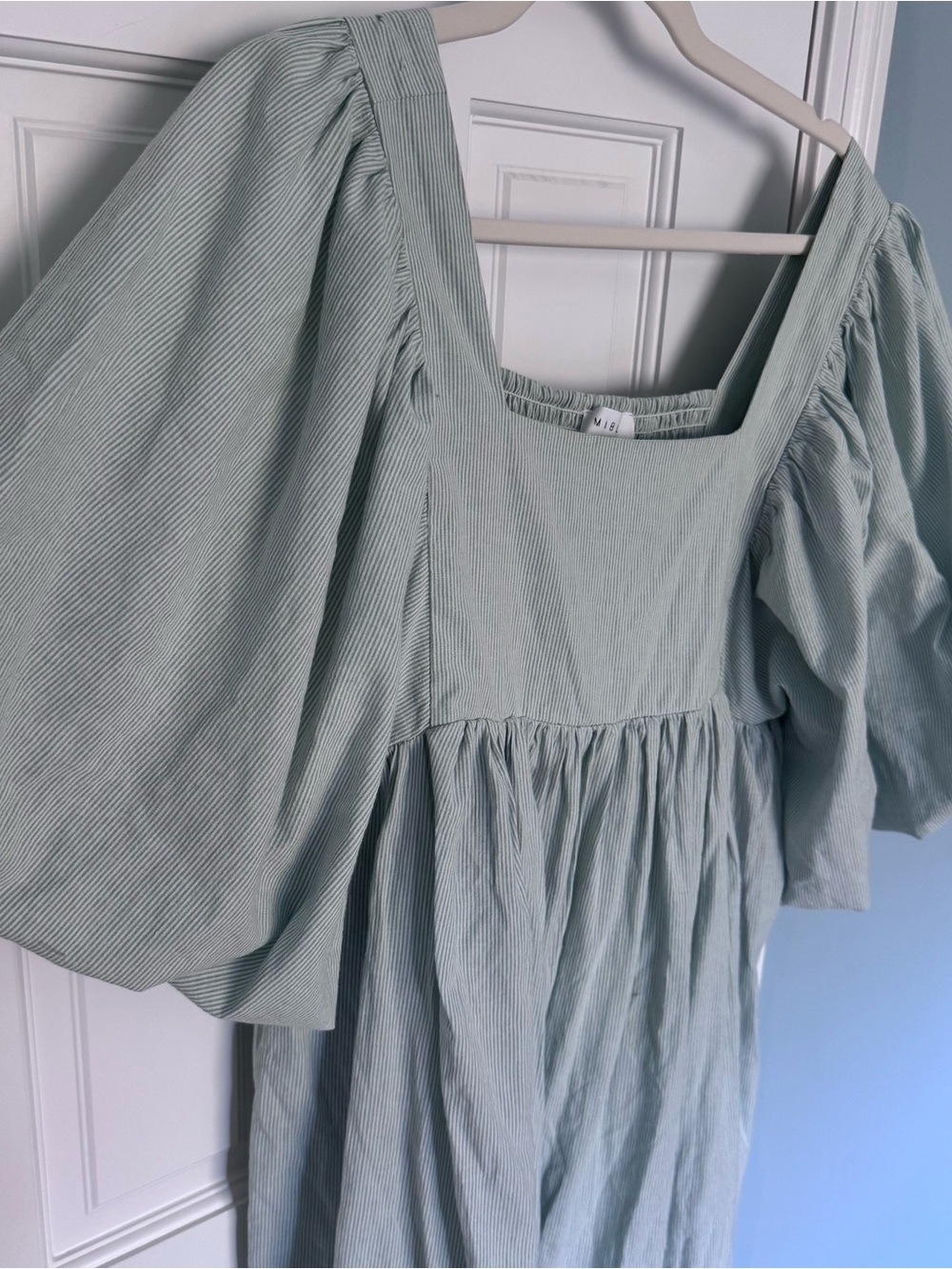 Mable Puff Sleeve Square Neck Midi Dress in Sage Green stripe small - Picture 3 of 7